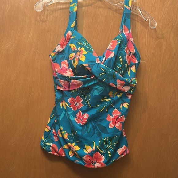 Land’s End V wrap Tankini tankini in Deep turquoise lily palm print underwire 6 - Picture 3 of 12